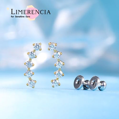 Limerencia G23 Pure Titanium Hypoallergenic Earrings | F136 Implant Grade Titanium Jewelry for Sensitive Ears - color: Five prong climber gold