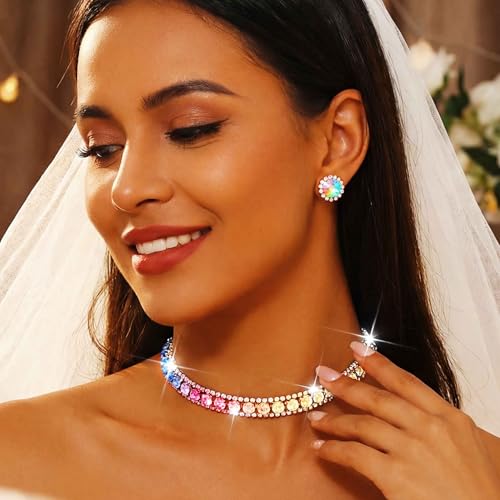 CLOACE Rhinestone Bridal Wedding Jewelry Set Sparkly Chocker Necklaces Earrings Prom Jewelry Accessories for Women - color: Colorful