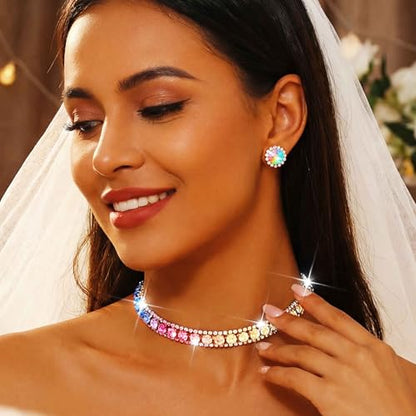 CLOACE Rhinestone Bridal Wedding Jewelry Set Sparkly Chocker Necklaces Earrings Prom Jewelry Accessories for Women - color: Colorful