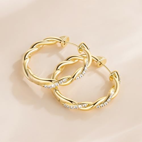 ENROSE Gold Hoop Earrings 14K Gold Earring for Women | Twisted Gold Hoop Earrings Minimalist Diamond Earring Jewelry 29mm*4mm - style: A-GD