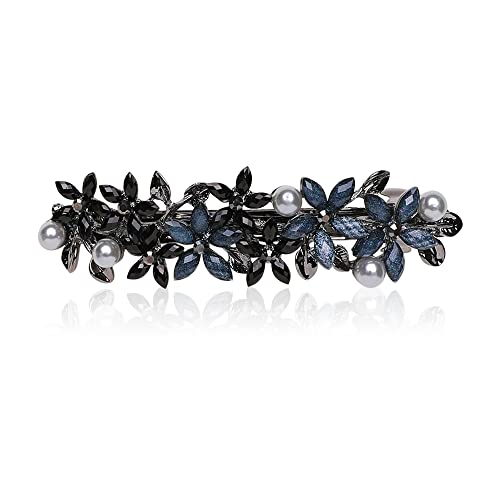 Flower Rhinestone Hair Barrettes for Women Fine Hair Glitter Sparkle Fancy Hair Clips for Women And Girls Elegant Pearl Barrettes (Black&Blue) - color: Black&Blue