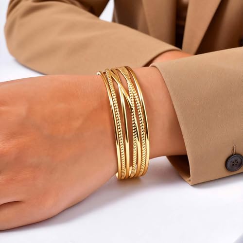 Stainless Steel Geometric Open Cuff Bracelet, Minimalist Gold Wire Bangle, 6.65cm Inner Diameter for Women