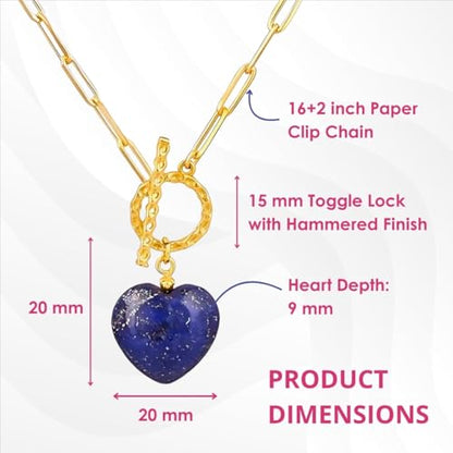 Gempires Gemstone Heart Pendant Necklace for Women, Gold Toggle Birthstone | Handmade gemstone heart pendant necklace — choose from 11 stones and birthstones, gold toggle paperclip chain. - color: Lapis Lazuli