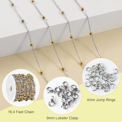 SMYHTGLIF 16.4 Stainless Steel Chain Gold Bead Chain for Jewelry Making | Cable DIY Craft Chain Bulk Roll Permanent Jewelry Making Supplies - color: Bead Gold