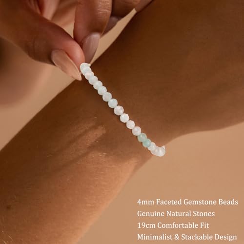 Natural Faceted Crystal Bracelet for Women,4mm Gemstone Round Beads Bracelets Adjustable Stretchy Healing Crystal Beads Bracelets Dainty Jewelry Gift - color: Aquamarine