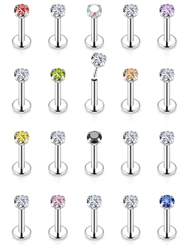 16G 18G 20G Threadless Push in Lip Rings Stainless Steel Flat Back Nose Rings Studs Tragus Helix Conch Cartilage Lobe Earrings Stud Piercing Jewelry for Women Men Diamond CZ Silver 20PCS - color: 16G-6MM Length-3MM CZ