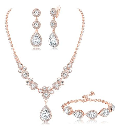 Jstyle Rhinestone Wedding Jewelry Sets for Brides, Brides Bridesmaid Sets | Non Tarnish Bridal Jewelry Set, Crystal Teardrop Pendants Necklace Bracelet,Clip On Earrings, Wedding Prom Jewelry Set - color: Rose Gold Tone