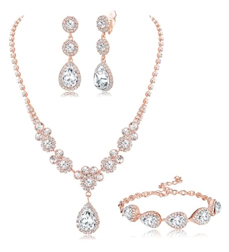 Jstyle Rhinestone Wedding Jewelry Sets for Brides, Brides Bridesmaid Sets | Non Tarnish Bridal Jewelry Set, Crystal Teardrop Pendants Necklace Bracelet,Clip On Earrings, Wedding Prom Jewelry Set - color: Rose Gold Tone