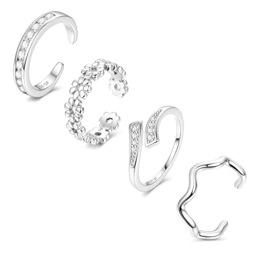14K Gold Plated Toe Rings for Women Non Tarnish Adjustable Silver Gold Toe Ring Cubic Zirconia Daisy Flower Dainty Toe Rings Set Open Simple Band Ring Summer Beach Foot Jewelry - color: B-Silver
