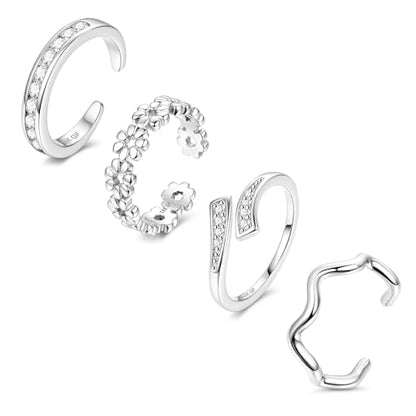 14K Gold Plated Toe Rings for Women Non Tarnish Adjustable Silver Gold Toe Ring Cubic Zirconia Daisy Flower Dainty Toe Rings Set Open Simple Band Ring Summer Beach Foot Jewelry - color: B-Silver