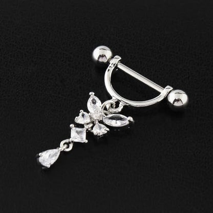 14G Butterfly Dangle Nipple Rings Stainless Steel Clear CZ Nipplerings D-shaped Nipple Barbell Pink White Butterfly Nipple Piercing Jewelry - color: Pink