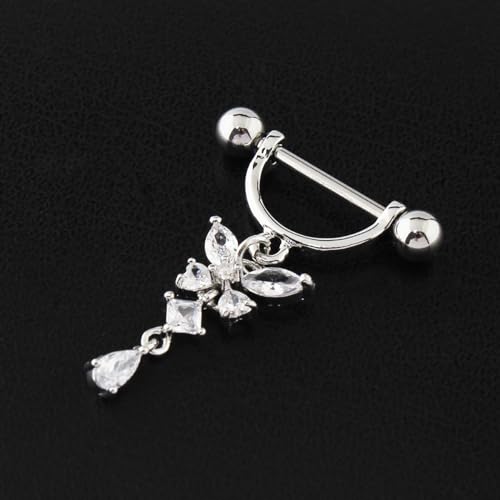 14G Butterfly Dangle Nipple Rings Stainless Steel Clear CZ Nipplerings D-shaped Nipple Barbell Pink White Butterfly Nipple Piercing Jewelry - color: White