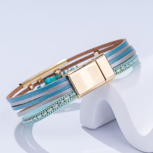 Boho Gemstone Beaded Leather Wrap Bracelets Stackable Chunky Cuff Bracelet Western Jewelry Cowboy Chic Country Concert Outfits for Women - color: Teal