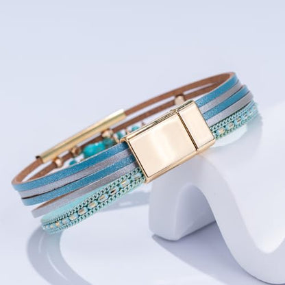 Boho Gemstone Beaded Leather Wrap Bracelets Stackable Chunky Cuff Bracelet Western Jewelry Cowboy Chic Country Concert Outfits for Women - color: Teal