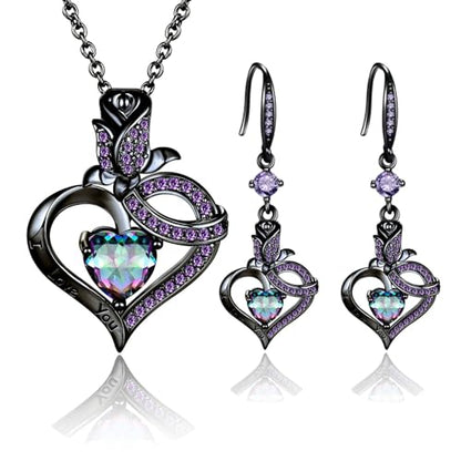 VOLUKA Created Opal/Amethyst/Mystic Topaz Pendant Necklace for Women,18K White/Rose Gold Plated Chain Wedding Engagement Jewelry Gift - color: N-Black Heart Jewelry Set