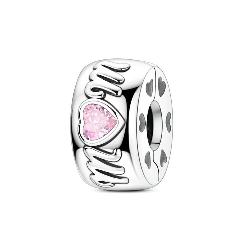 925 Sterling Silver Openable Clip Spacer Bead Fits Pandora Bracelet | Hypoallergenic Clip Stopper Charm, Star Clover Butterfly Floral Mom Heart Paved Zircon Gift for DIY Charm Bracelet Jewelry - color: Mom Pink Heart