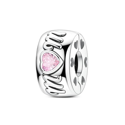 925 Sterling Silver Openable Clip Spacer Bead Fits Pandora Bracelet | Hypoallergenic Clip Stopper Charm, Star Clover Butterfly Floral Mom Heart Paved Zircon Gift for DIY Charm Bracelet Jewelry - color: Mom Pink Heart