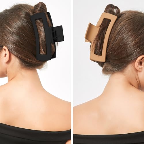 XXL Jumbo Rectangle Claw Clips for Thick Hair - Strong Hold Hair Clips | Rectangle Design | Matte Finish | Non Slip | Wide Opening | 2 Pack (Black & Khaki) - color: Black & Khaki