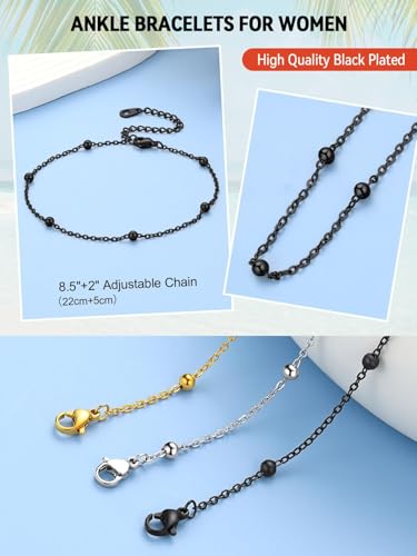 FaithHeart Waterproof Ankle Bracelets for Women, 1/2/3Pcs Non Tarnish Stainless Steel Layered Anklet Set Paperclip Figaro Cuban Link Chain Dainty Summer Beach Jewelry Gift Adjustable Size - style: a.Bead - Black
