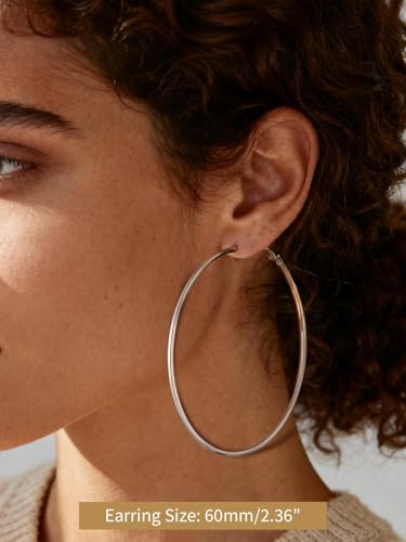 FindChic Thin Hoop Earrings for Women,Silver/Black/Gold Plated 20-100mm - color: Silver, size: 60mm