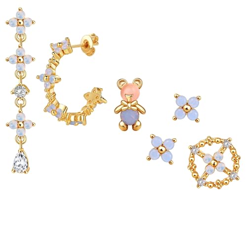 Sterling Silver Earrings Stacks for Women, Hypoallergenic Cartilage Earring | Dainty Stud Huggie Hoop Dangle Chain Earrings, 14K Gold/White Gold Plated - color: 6Pcs Blue Blossom Set(Single Earring Not a Pair)
