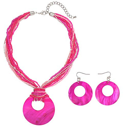 Coiris Multi Strand Statement Colorful Beaded Necklace with Big Circle Shell Pendant for Women - color: Rose