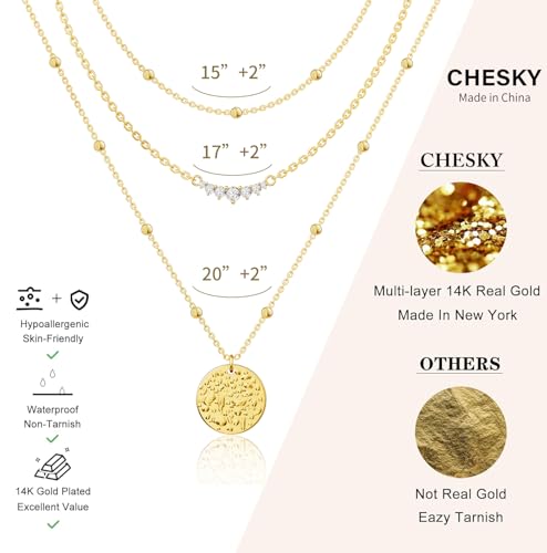 CHESKY Gold Layered Necklaces Set, 14K Gold Plated Paperclip Chain Stack | 3 Pcs Dainty Layering Necklaces, Gold CZ Pendant Necklace Trendy Jewelry Gift for Women Daily Wear - style: CZ-bar-bead
