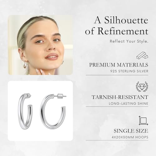 18K Gold Plated Sterling Silver Earrings for Women – Pure & Polished, Twist, Square, Hinged Tube, Abstract & Heart Shape Hoops – Lightweight, Hypoallergenic, Non-Tarnish Jewelry (Sizes: 3x35mm-46x30mm) - color: Silver, size: Polish Hoop (4x35x40mm)