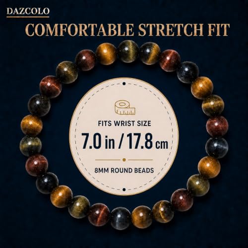 8mm Natural Crystal Stretch Bracelet | Handmade Round Stone Bead Bracelet, Runs Large, Meditation Yoga Gift for Women & Men - color: Multicolor Tiger Eye