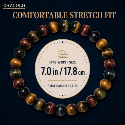 8mm Natural Crystal Stretch Bracelet | Handmade Round Stone Bead Bracelet, Runs Large, Meditation Yoga Gift for Women & Men - color: Multicolor Tiger Eye