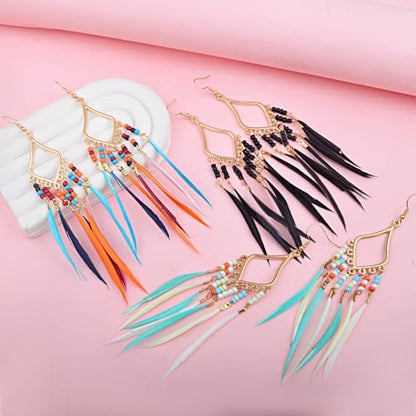 3 Pairs Bohemian Long Feather Tassel Earrings, Handmade Multicolor Seed Beads Fringe Dangle Drop Earrings Retro Statement Jewelry Gifts for Women