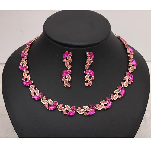 QLLYHLH Woman’s Brides Bridesmaid Leaf Choker Necklace Dangle Earrings Link Bracelet Austrian Crystal Wedding Jewelry Set Prom Costume Party Events | Brides, Bridesmaid, Prom, Events, Costume Party, Leaf - color: Fuchsia-Gold Plated