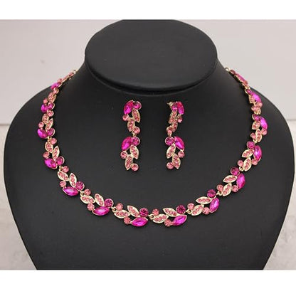 QLLYHLH Woman’s Brides Bridesmaid Leaf Choker Necklace Dangle Earrings Link Bracelet Austrian Crystal Wedding Jewelry Set Prom Costume Party Events | Brides, Bridesmaid, Prom, Events, Costume Party, Leaf - color: Fuchsia-Gold Plated