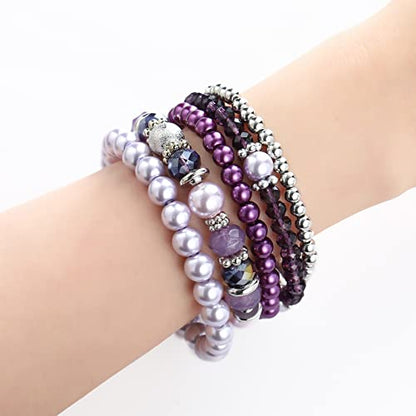 Noessla Beaded Pearl Stretch Bracelet Silver Stackable Crystal Beads Bracelets Trendy Costume Jewelry Mothers Day Gifts for Women - color: Purple