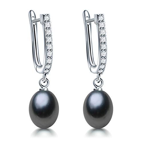 Pearl Jewelry Set For Women Pearl Pendant Necklace & Pearl Earrings with Sparkling Rhinestones 925 Sterling Silver Freshwater Pearl Drop Jewelry Set for Wedding Prom Gift - color: Silvery-Black