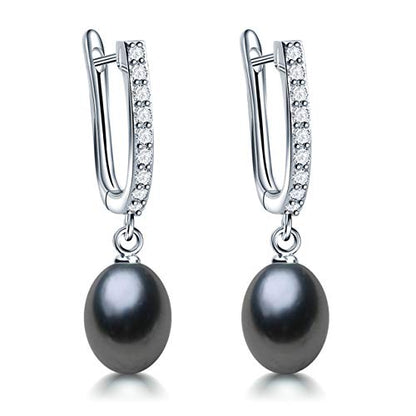 Pearl Jewelry Set For Women Pearl Pendant Necklace & Pearl Earrings with Sparkling Rhinestones 925 Sterling Silver Freshwater Pearl Drop Jewelry Set for Wedding Prom Gift - color: Silvery-Black