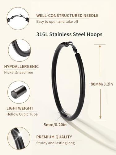 FindChic Hoop Earrings for Women, Silver/Black/14K Gold Plated Hypoallergenic Hollow Round Tube Loop Earrings, 20mm/30mm/40mm/60mm/80mm Chunky Hoops with Custom Name Options & Gift Box - color: a.Black, size: 80MM