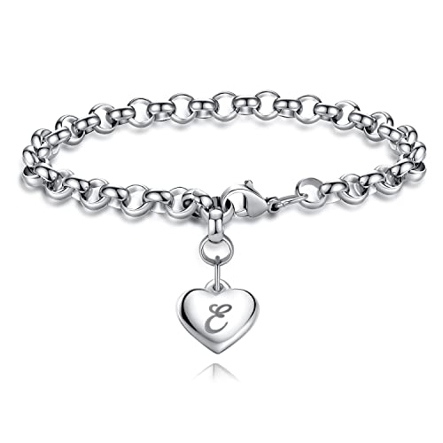TONY & SANDY Initial Charm Bracelets for Girls Women Stainless Steel A-Z Bracelet Personalized Gifts Birthday Graduation Easter Basket Stocking Stuffers for Teens Girls Women Jewelry - style: E - Heart