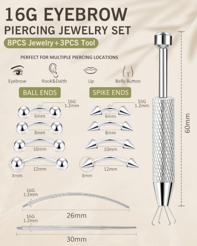 11Pcs Eyebrow Piercing Jewelry with Grabber Tool 14G/16G Stainless Steel Curved Barbell Eyebrow Jewelry Hypoallergenic Eyebrow Rings Rook Vertical Labret Navel Daith Lip Helix Conch Daith for Women Men 6mm/8mm/10mm/12mm - color: Silver, size: 16G