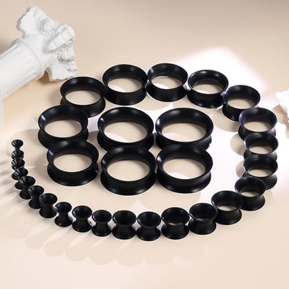 10G-25mm Thin & Thick Silicone Ear Gauges Tunnels Stretching Kit Double Flared Rubber Gauges Tunnels Plugs Flexible Soft Tunnels Earrings Gauge Kit for Women Men - color: Black 10G-25mm