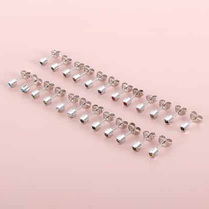 12 Pairs Surgical Stainless Steel Cubic Zirconia Birthstone Stud Earrings Heart Star Round Multicolors Stud Earrings Set for Women - style: Silver star 4mm