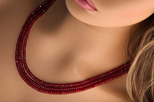 AAA Natural Ruby Gemstones 3-4.5mm Multi Strand, 3 Line Layer Gemstone Rondelle Necklace 20" Plus 9" Adjustable Thread. 270Ct