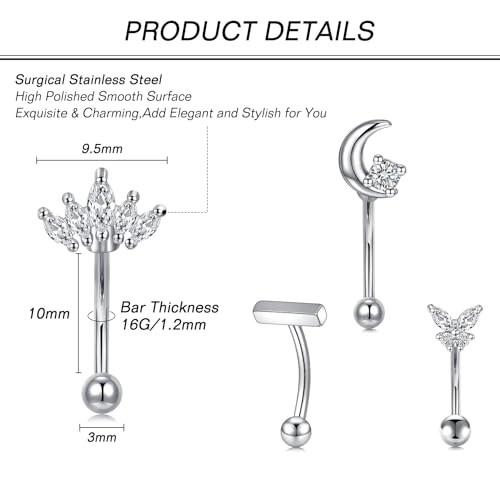 Zolure Rook Daith Piercing Jewelry 16G Eyebrow Rings for Women Rook Earring Curved Barbell Tragus Cartilage Vertical Labret Lip Piercing Jewelry Hypoallergenic - color: 16G 10mm #2S