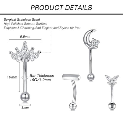 Zolure Rook Daith Piercing Jewelry 16G Eyebrow Rings for Women Rook Earring Curved Barbell Tragus Cartilage Vertical Labret Lip Piercing Jewelry Hypoallergenic - color: 16G 10mm #2S