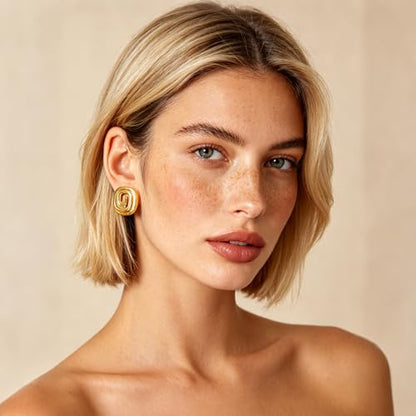 YUJIE Gold Spiral Square Clip On Earrings 18K Gold Plated Non Pierced Geometric Statement Earrings for Women Trendy Minimalist Jewelry