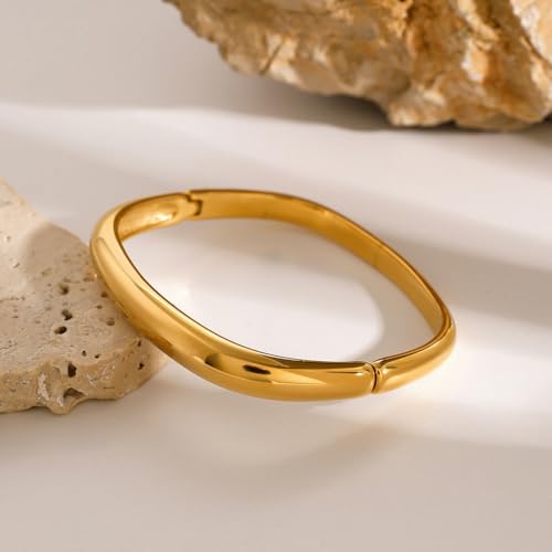 18K Gold Plated Stainless Steel Minimalist Bangle for Women, Elegant Antique Square Buckle Cuff Bracelet, Waterproof and Non-Tarnish Geometric Statement Bangle Jewelry