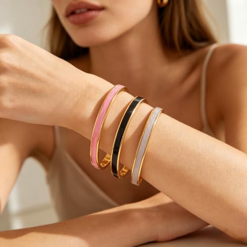 Gold Bracelets for Women Stainless Steel Bangle Set Colorful Enamel Stackable Jewelry