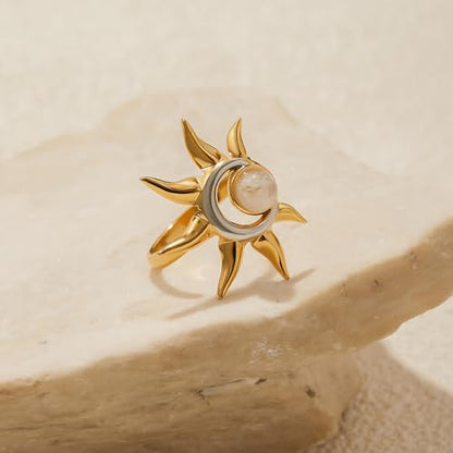 Sun and Moon Adjustable Ring for Women Stainless Steel Open Band Statement Ring Gold and Silver Celestial Jewelry Gift