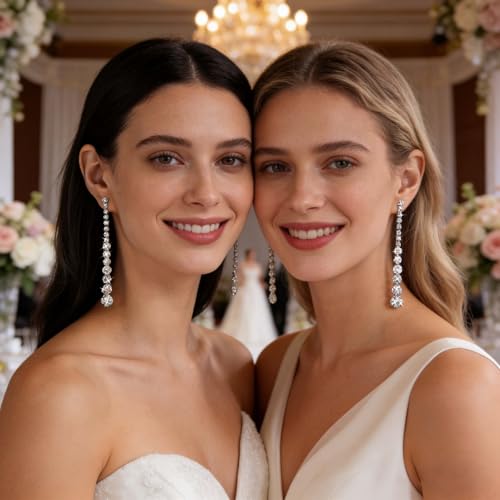 Wedding Long Rhinestone Earrings Silver Crystal Dangle Earring Diamond Cubic Zirconia Bridal Drop Sparkly Tassel Cz Brides Stud Shiny Statement Formal Bridesmaid Party Prom Jewelry Women