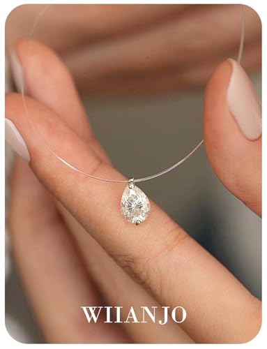 Teardrop 925 Silver CZ Floating Pendant Necklace 16 Inch Cubic Zirconia Invisible Necklace, Hypoallergenic, Jewelry Gifts for Women Anniversary Birthday - color: Pear-Shaped